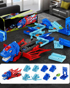 Dinosaur Transporter Truck Inertia Track Car with DIY Assembled Race Track and 2pcs Mini Cars for Kids