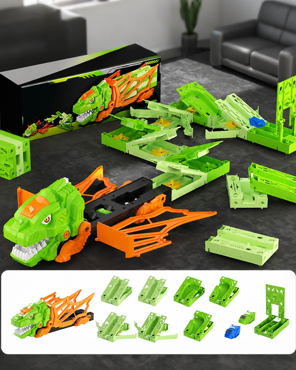 Dinosaur Inertia Track Transport Truck with DIY Assembled Race Track and 2pcs Mini Cars for Kids