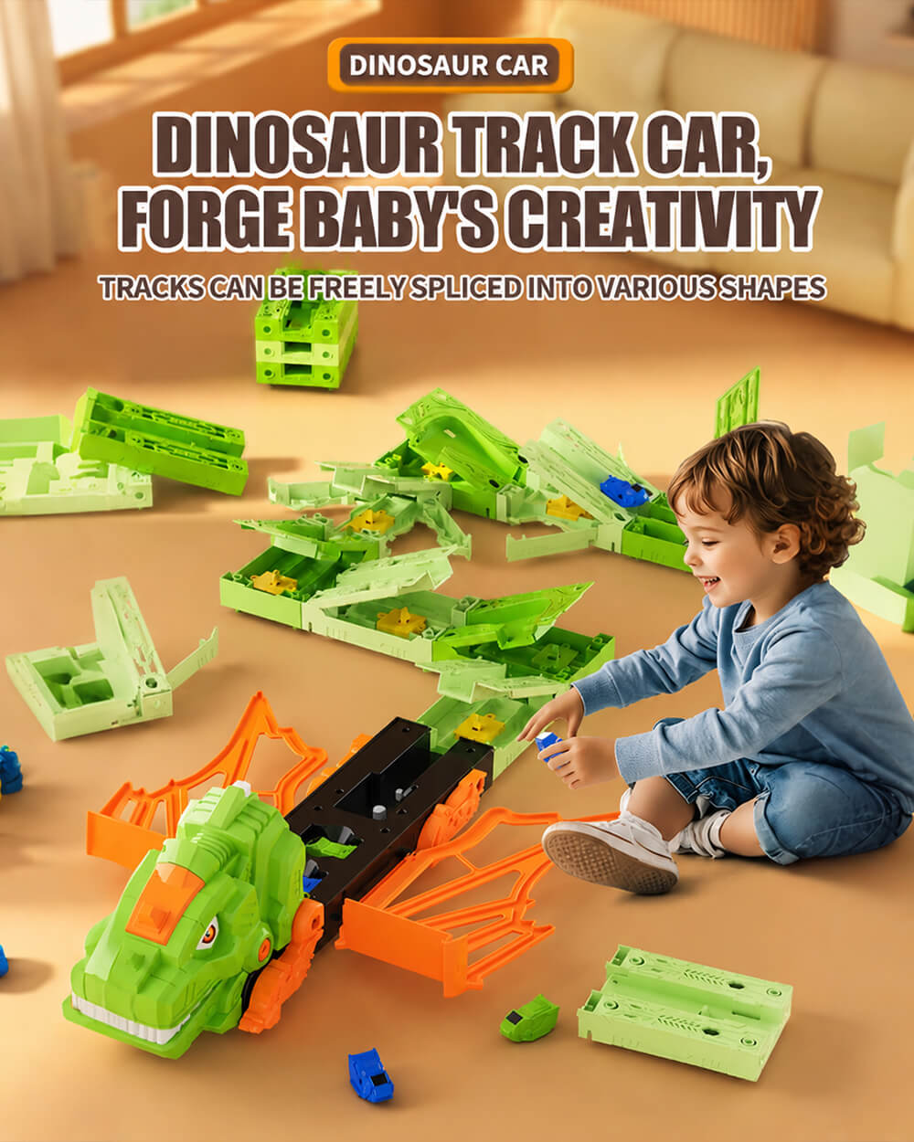 Dinosaur Inertia Track Transport Truck with DIY Assembled Race Track and 2pcs Mini Cars for Kids