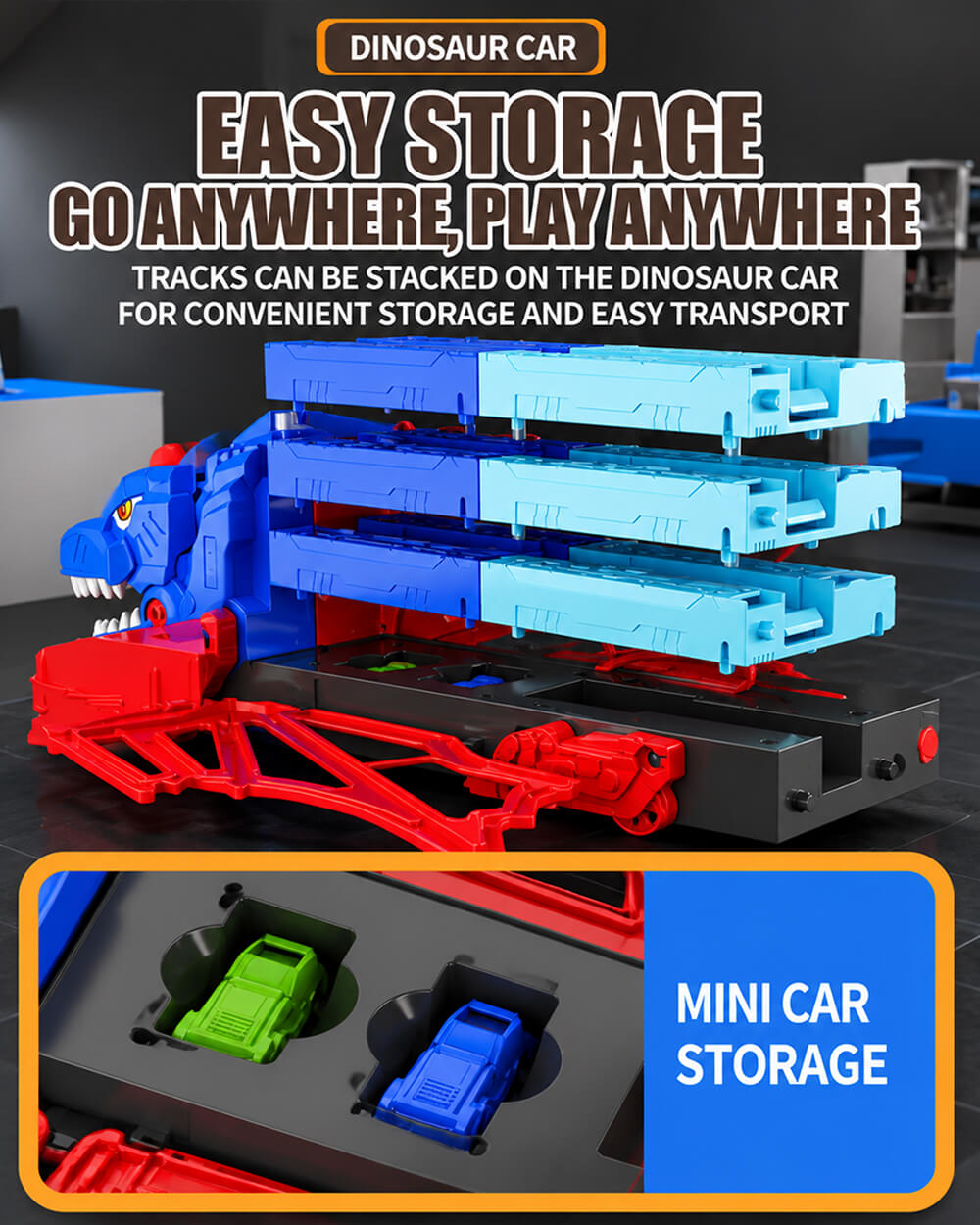 Dinosaur Inertia Track Transport Truck with DIY Assembled Race Track and 2pcs Mini Cars for Kids