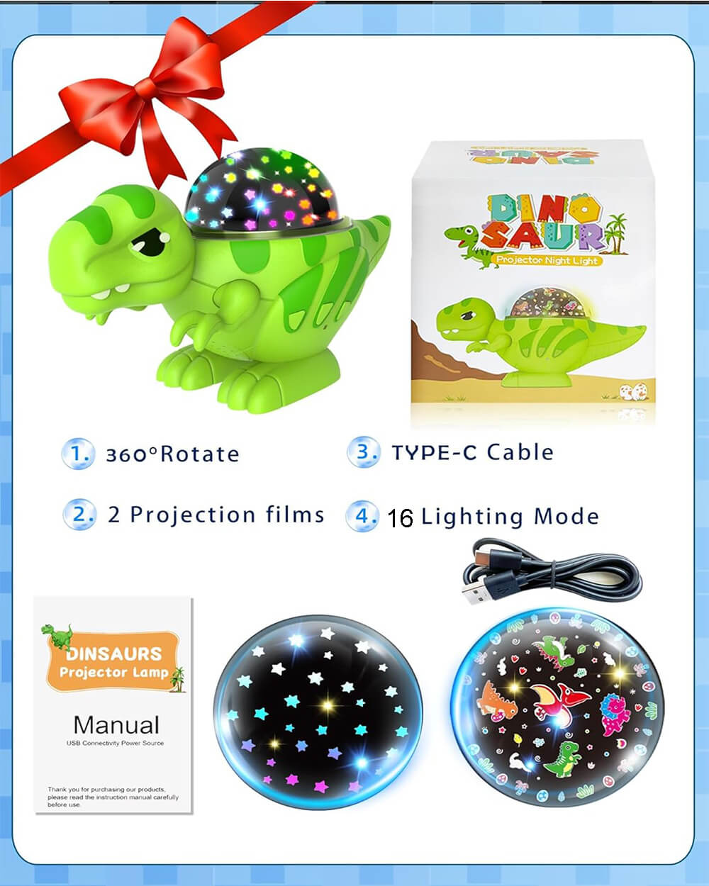 Dinosaur Night Light Projector with Dino & Star Dual Films 360° Rotation Dimmable Lamp for Kids