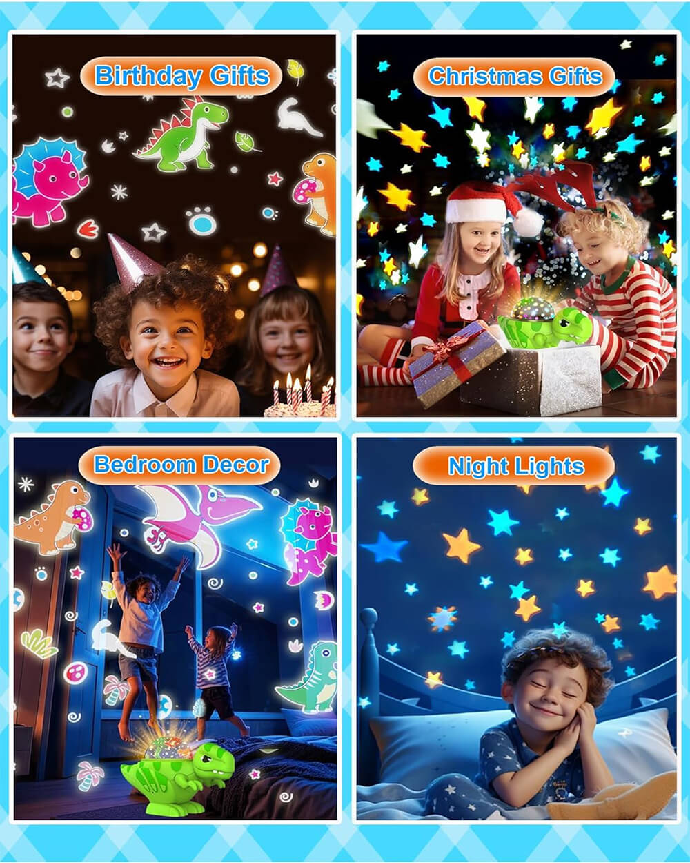 Dinosaur Night Light Projector with Dino & Star Dual Films 360° Rotation Dimmable Lamp for Kids