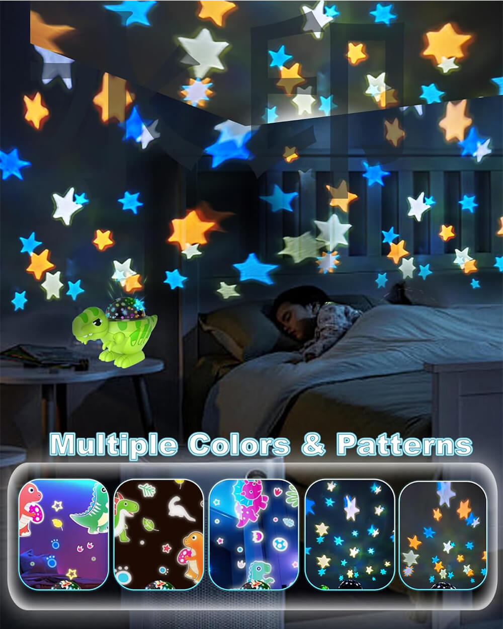 Dinosaur Night Light Projector with Dino & Star Dual Films 360° Rotation Dimmable Lamp for Kids