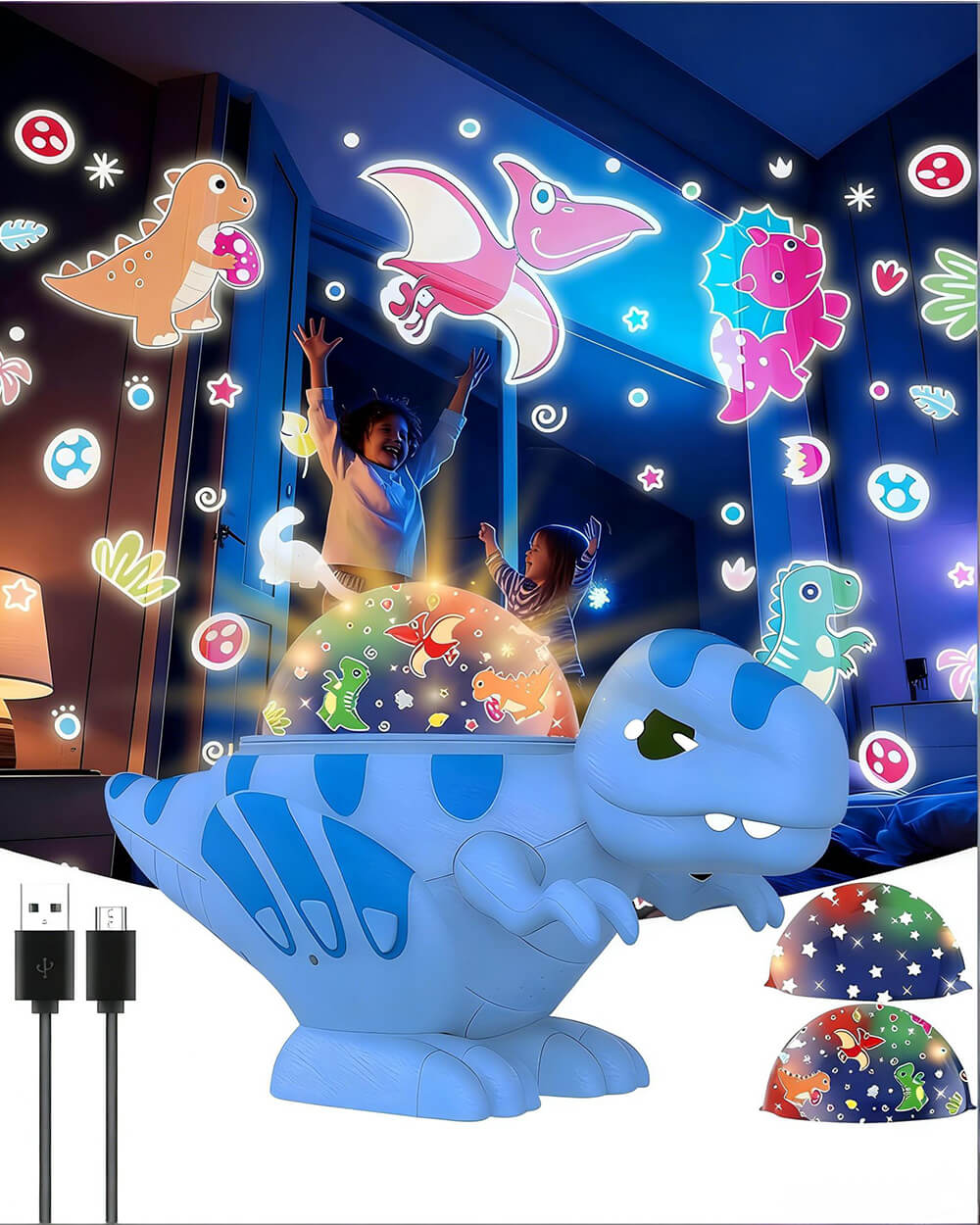 Dinosaur Night Light Projector with Dino & Star Dual Films 360° Rotation Dimmable Lamp for Kids