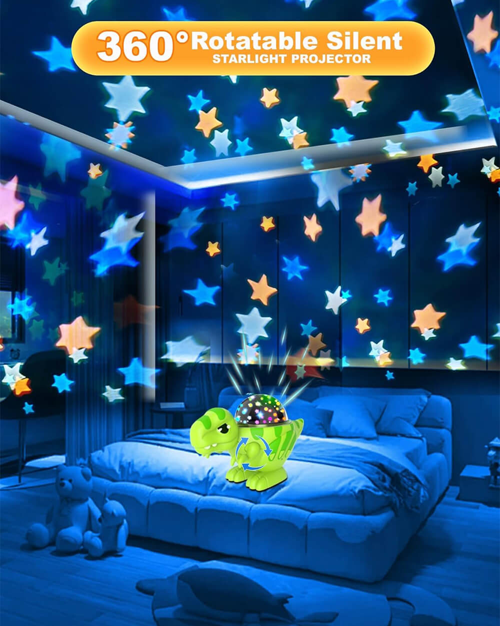 Dinosaur Night Light Projector with Dino & Star Dual Films 360° Rotation Dimmable Lamp for Kids