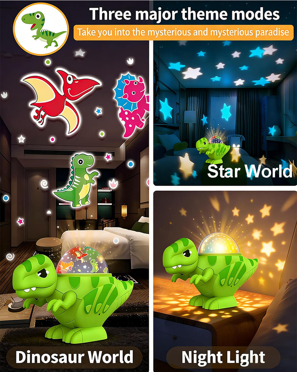 Dinosaur Night Light Projector with Dino & Star Dual Films 360° Rotation Dimmable Lamp for Kids