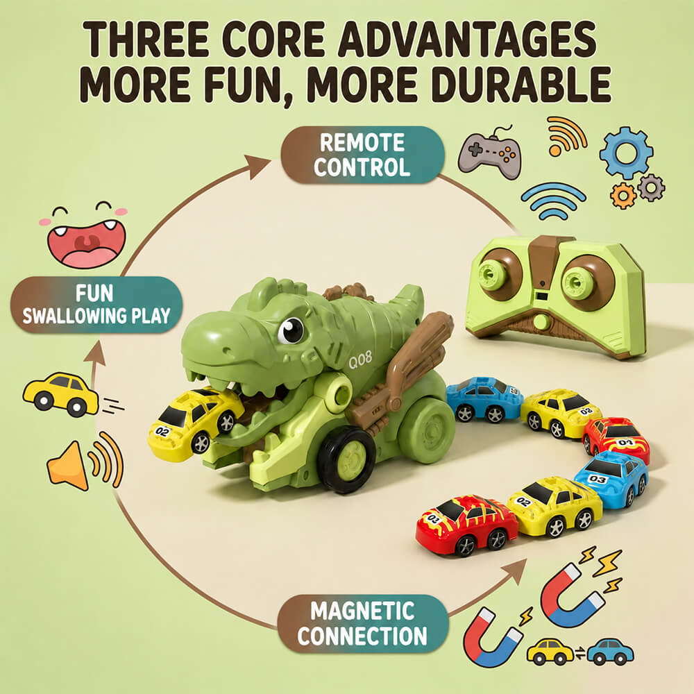 Dinosaur RC Car 2.4G Remote Control Dinosaur Swallowing Car Set with 6pcs Magnetic Race Cars