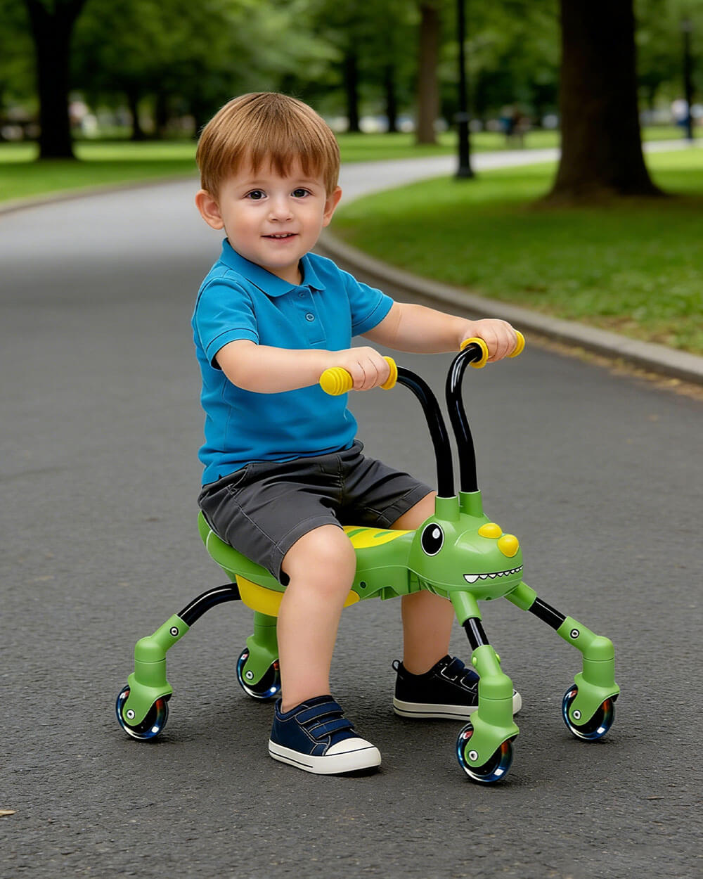 Kids Foldable Ride on Car Dinosaur Gliding Car with 360° Silent Flashing Wheels and Music