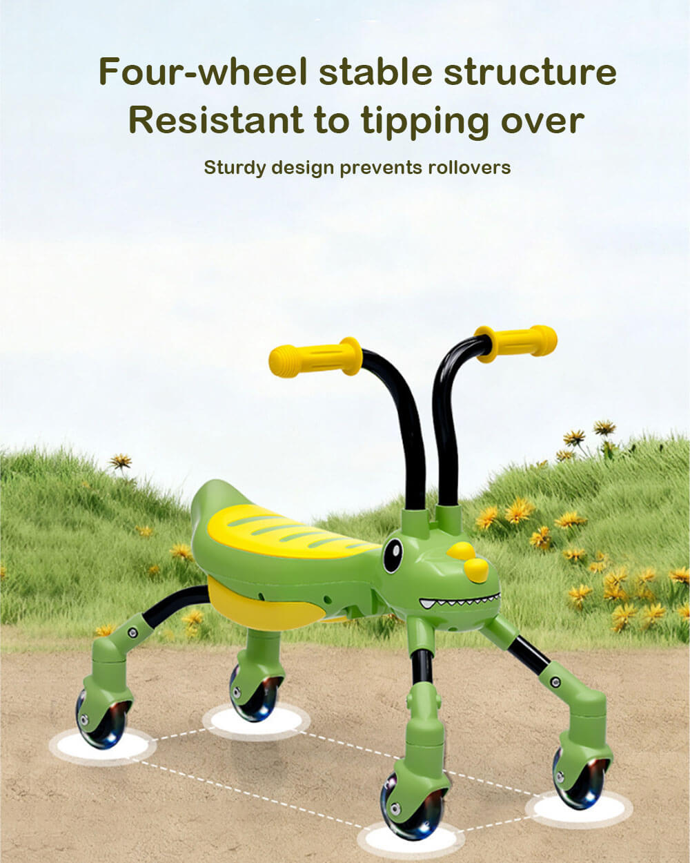 Kids Foldable Ride on Car Dinosaur Gliding Car with 360° Silent Flashing Wheels and Music