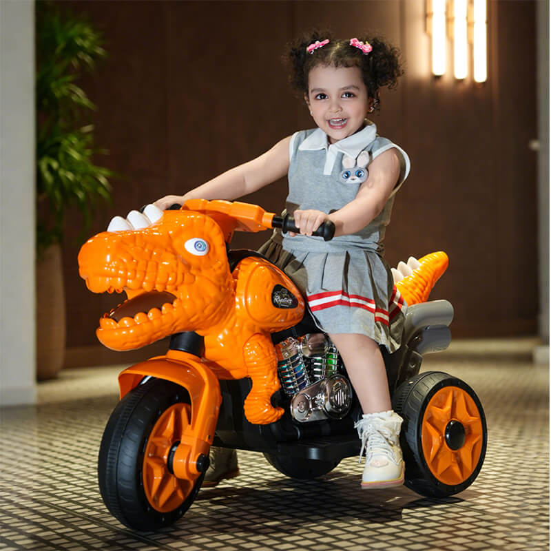 Dinosaur Ride on Motorcycle 6V Kids Electric Car Dual Drive Ride on Car with Music Light