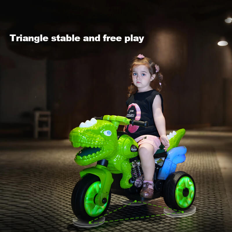 Dinosaur Ride on Motorcycle 6V Kids Electric Car Dual Drive Ride on Car with Music Light