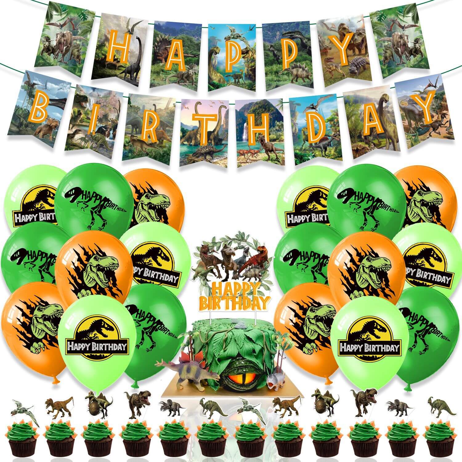 Dinosaur Themed Decorations Set All-in-One Birthday Party Supplies with Banner, Balloons, Cake Topper