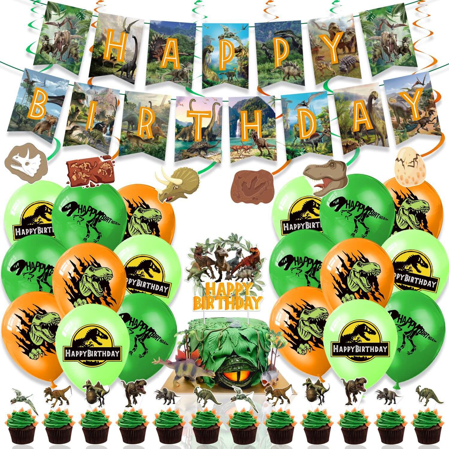 Dinosaur Themed Decorations Set All-in-One Birthday Party Supplies with Banner, Balloons, Cake Topper