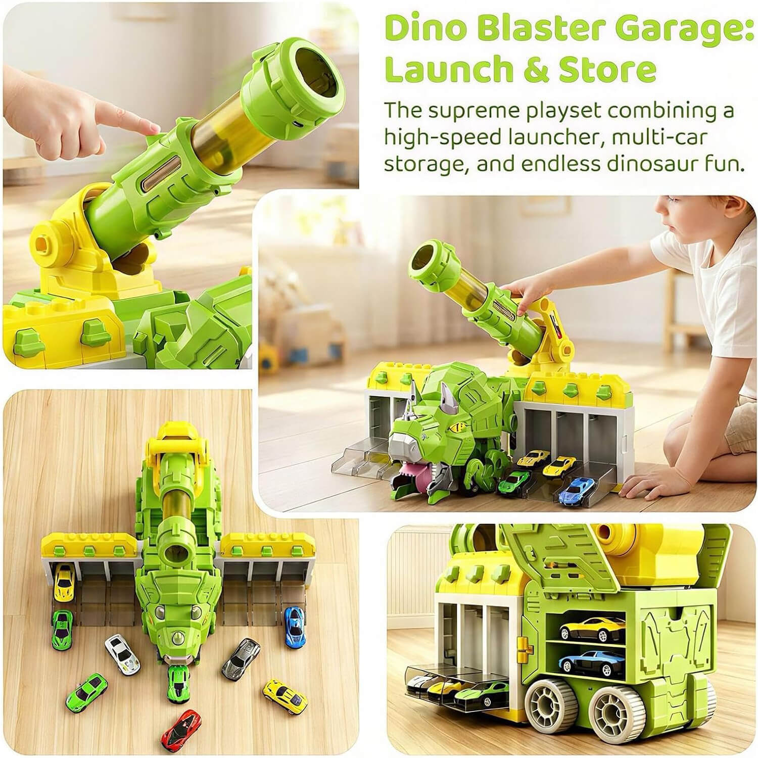 Dinosaur Transporter Truck 3-in-1 Swallowing Car with 360° Launcher and 18pcs Mini Cars for Kids