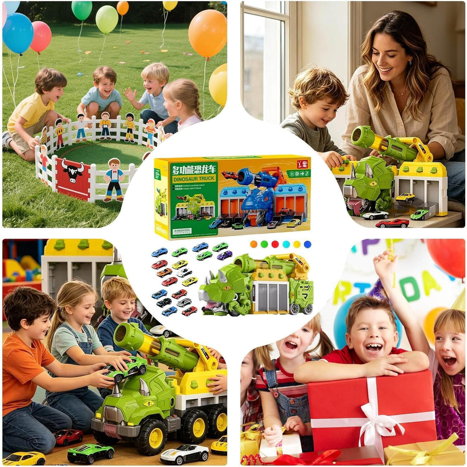 Dinosaur Transporter Truck 3-in-1 Swallowing Car with 360° Launcher and 18pcs Mini Cars for Kids