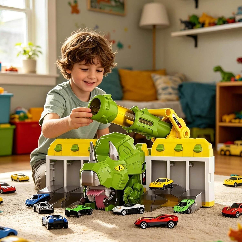 Dinosaur Transporter Truck 3-in-1 Swallowing Car with 360° Launcher and 18pcs Mini Cars for Kids