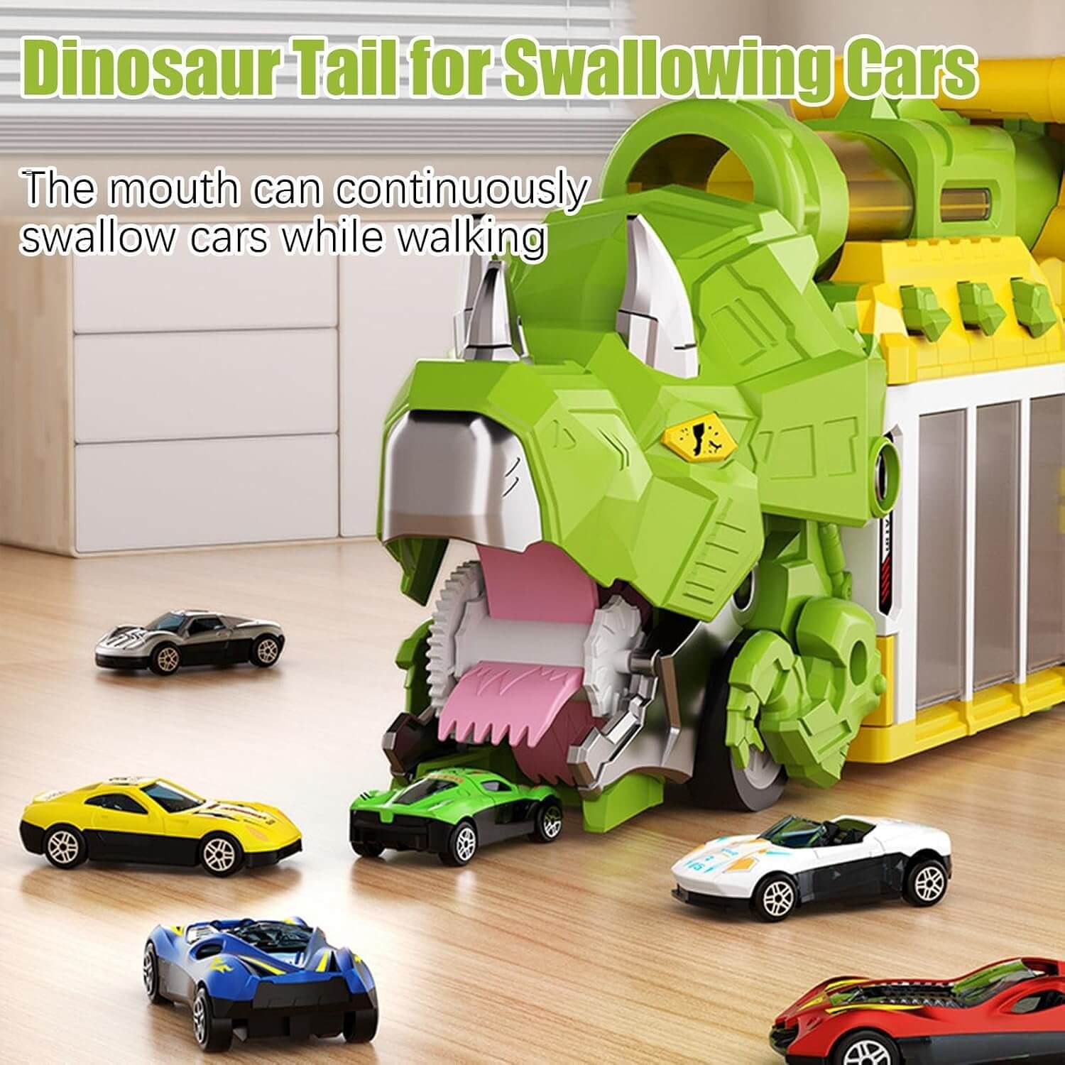 Dinosaur Transporter Truck 3-in-1 Swallowing Car with 360° Launcher and 18pcs Mini Cars for Kids