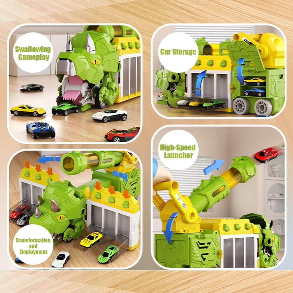 Dinosaur Transporter Truck 3-in-1 Swallowing Car with 360° Launcher and 18pcs Mini Cars for Kids