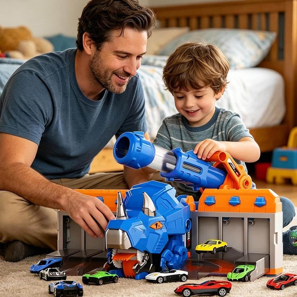 Dinosaur Transporter Truck 3-in-1 Swallowing Car with 360° Launcher and 18pcs Mini Cars for Kids