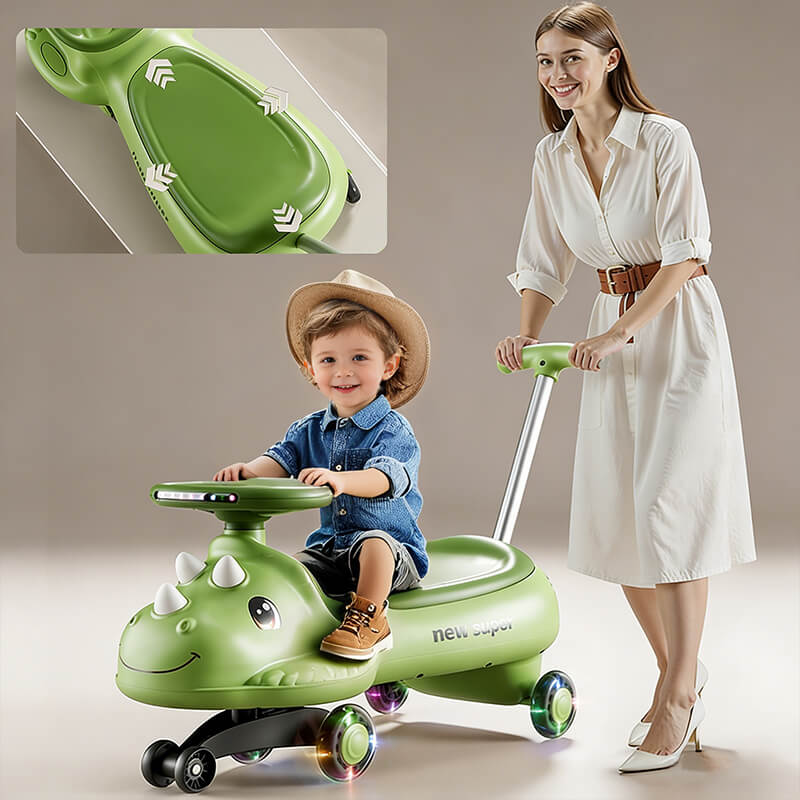 Kids Dinosaur Wiggle Car With Detachable Push Handle Quiet PU Wheels Sliding Car For Outdoors Indoors