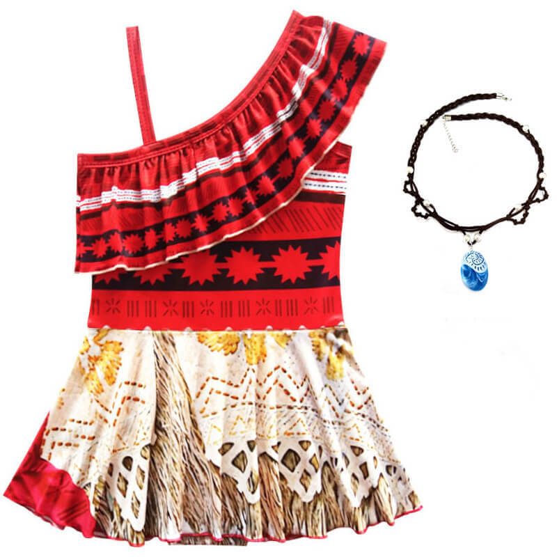 Kids Moana Swimsuits Princess Cosplay Costume Girls Polynesian Dress with Necklace for Halloween Party