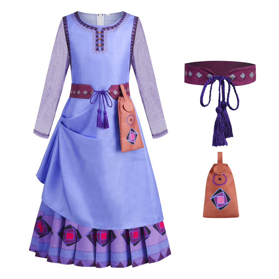 Wish Dress Asha Princess Costume Dress-up Set with Waist Bag and Belt for Girls