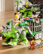 Electric Dinosaur Walking Triceratops Toy with Detachable Cage Trailer and Mist Spray for Kids 3+