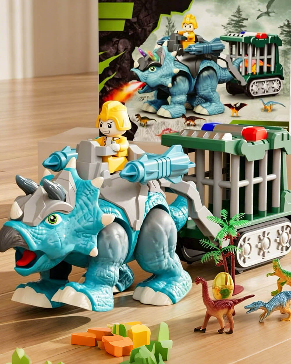 Electric Dinosaur Walking Triceratops Toy with Detachable Cage Trailer and Mist Spray for Kids 3+