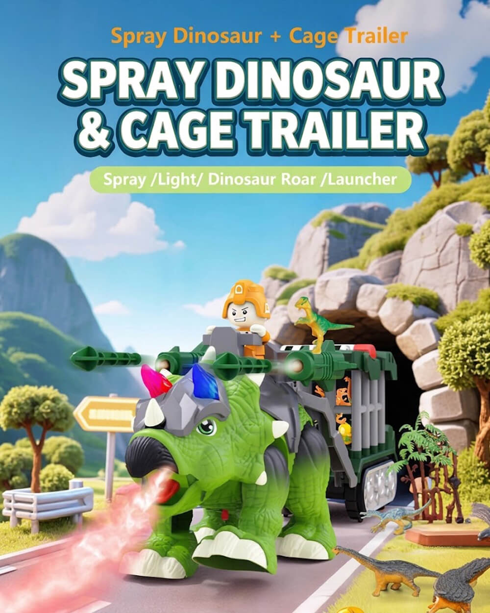 Electric Dinosaur Walking Triceratops Toy with Detachable Cage Trailer and Mist Spray for Kids 3+