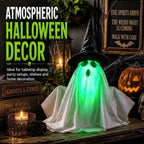 Electric Ghost Halloween Decoration Green Light-Up Tabletop Ornament with Witch Hat and Sound Effect