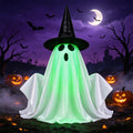 Electric Ghost Halloween Decoration Green Light-Up Tabletop Ornament with Witch Hat and Sound Effect