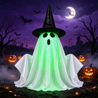 Electric Ghost Halloween Decoration Green Light-Up Tabletop Ornament with Witch Hat and Sound Effect