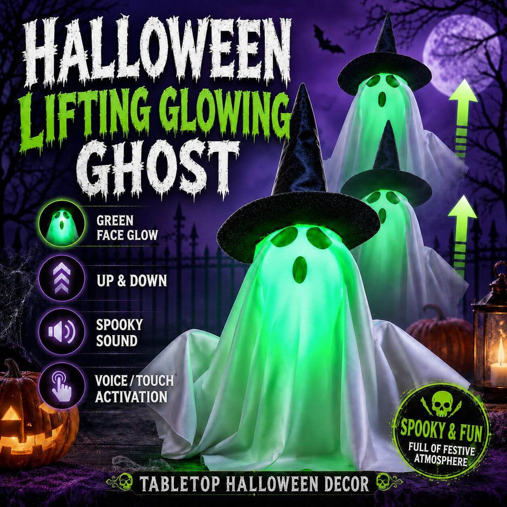 Electric Ghost Halloween Decoration Green Light-Up Tabletop Ornament with Witch Hat and Sound Effect