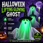 Electric Ghost Halloween Decoration Green Light-Up Tabletop Ornament with Witch Hat and Sound Effect
