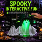 Electric Ghost Halloween Decoration Green Light-Up Tabletop Ornament with Witch Hat and Sound Effect