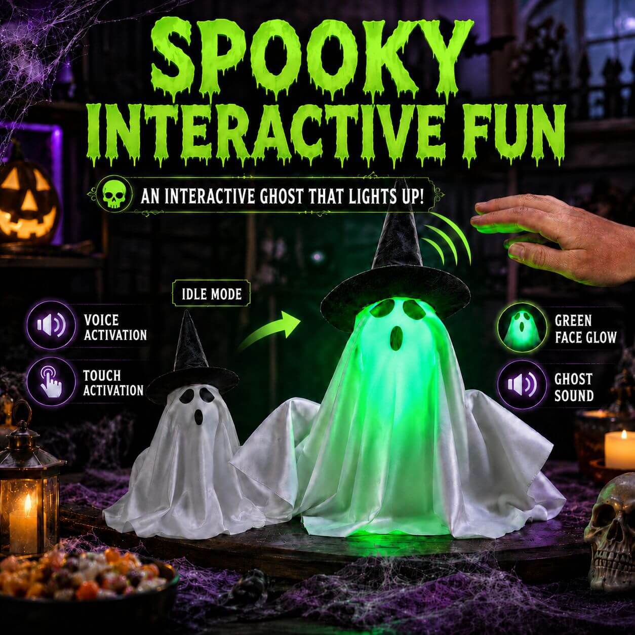Electric Ghost Halloween Decoration Green Light-Up Tabletop Ornament with Witch Hat and Sound Effect