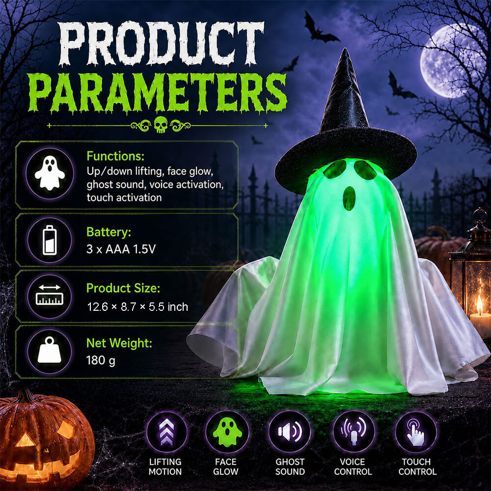 Electric Ghost Halloween Decoration Green Light-Up Tabletop Ornament with Witch Hat and Sound Effect