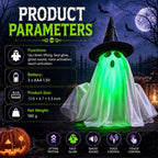 Electric Ghost Halloween Decoration Green Light-Up Tabletop Ornament with Witch Hat and Sound Effect