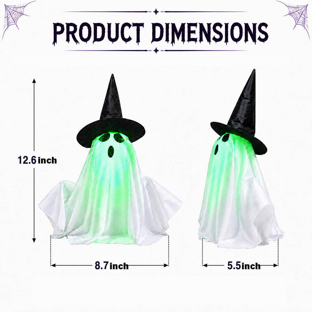 Electric Ghost Halloween Decoration Green Light-Up Tabletop Ornament with Witch Hat and Sound Effect