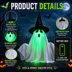 Electric Ghost Halloween Decoration Green Light-Up Tabletop Ornament with Witch Hat and Sound Effect