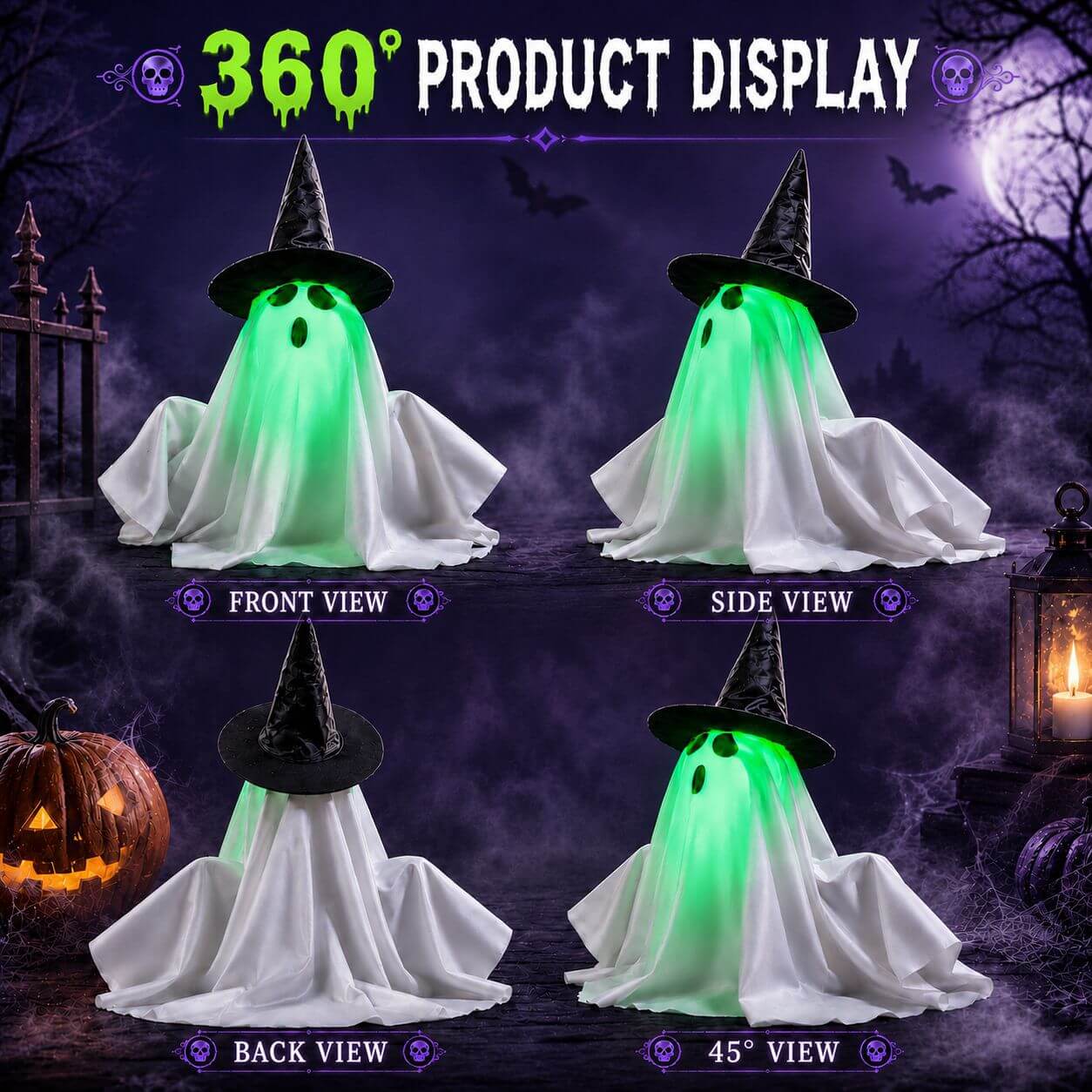 Electric Ghost Halloween Decoration Green Light-Up Tabletop Ornament with Witch Hat and Sound Effect