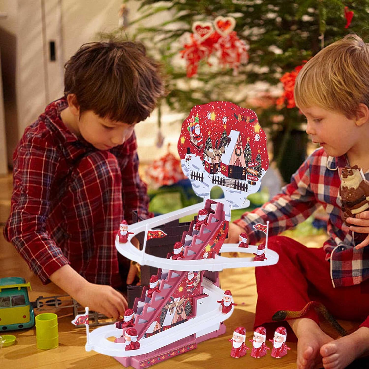 Electric Track Slide Santa Claus Automatic Climbing Stairs Toy with Music Light Christmas Toy