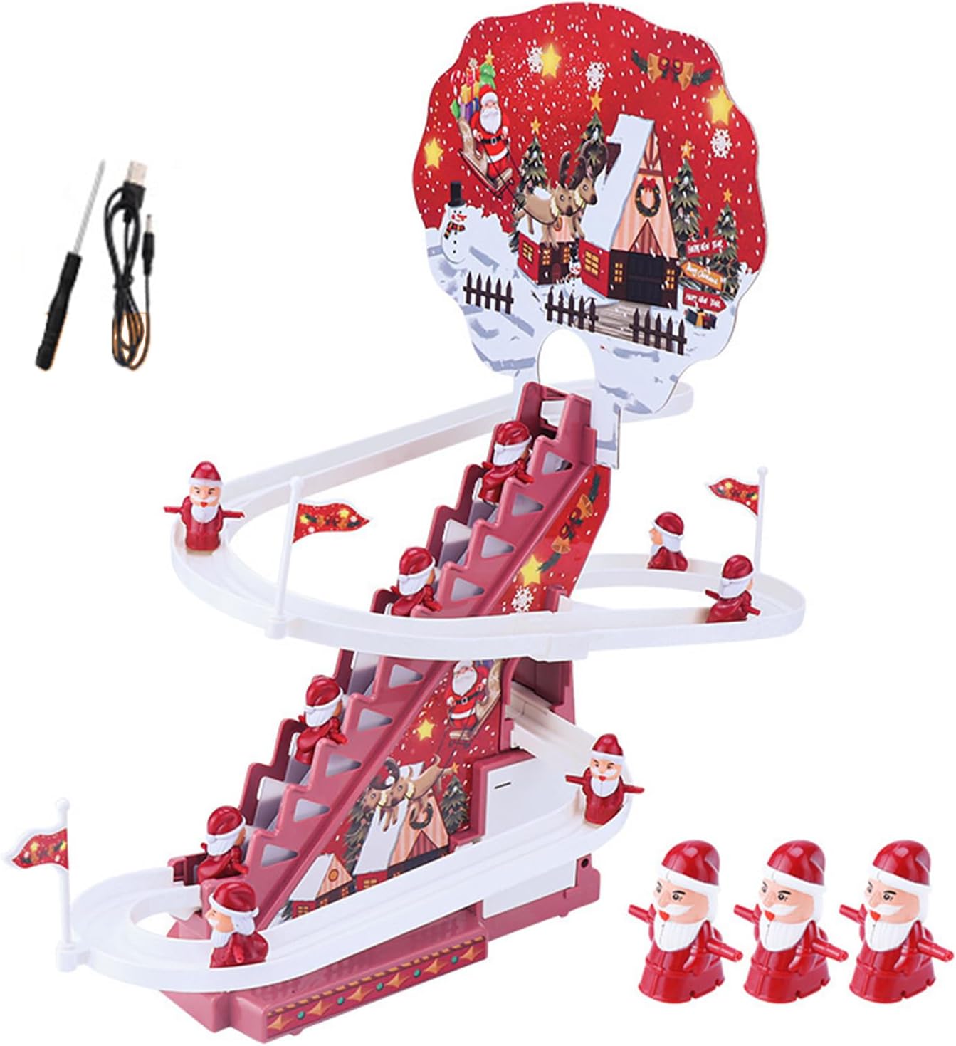 Electric Track Slide Santa Claus Automatic Climbing Stairs Toy with Music Light Christmas Toy