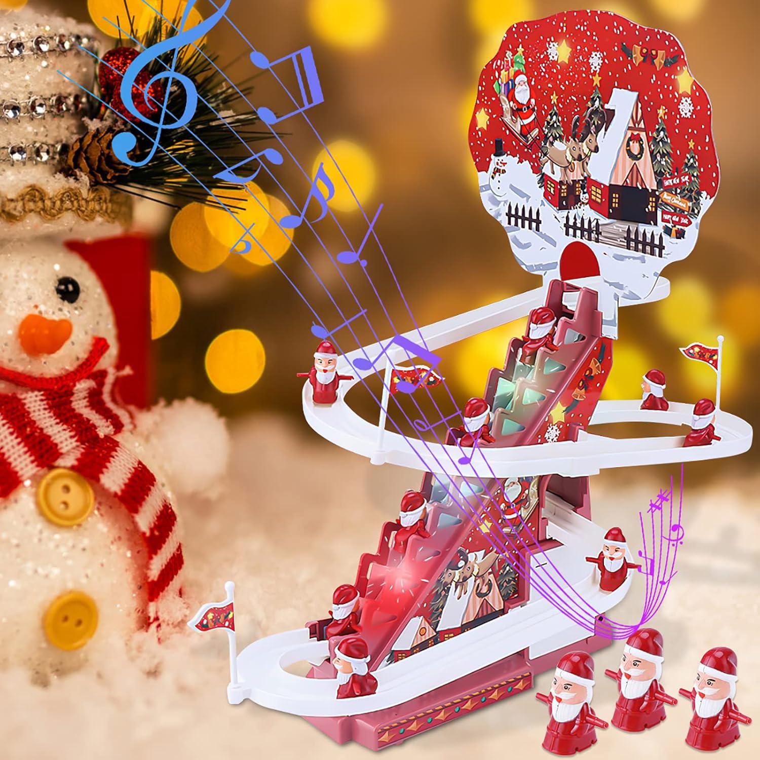 Electric Track Slide Santa Claus Automatic Climbing Stairs Toy with Music Light Christmas Toy