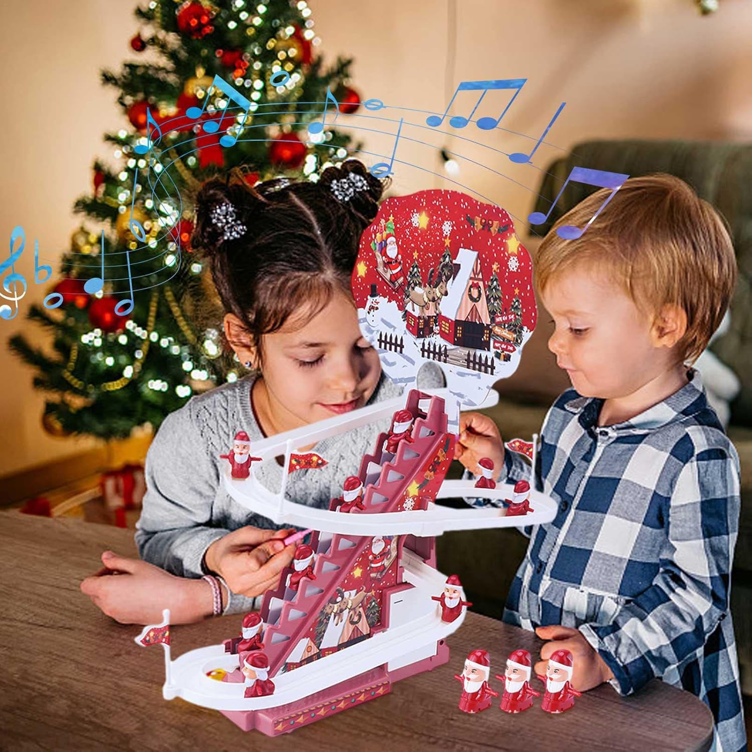 Electric Track Slide Santa Claus Automatic Climbing Stairs Toy with Music Light Christmas Toy