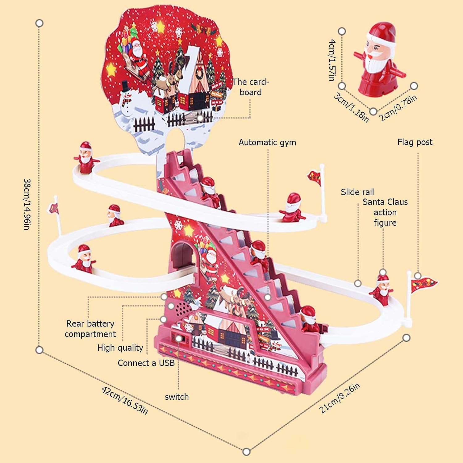 Electric Track Slide Santa Claus Automatic Climbing Stairs Toy with Music Light Christmas Toy