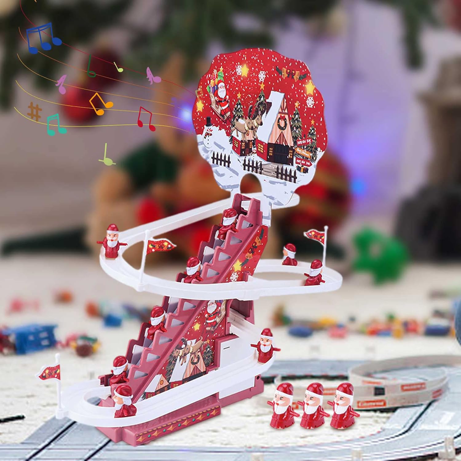 Electric Track Slide Santa Claus Automatic Climbing Stairs Toy with Music Light Christmas Toy
