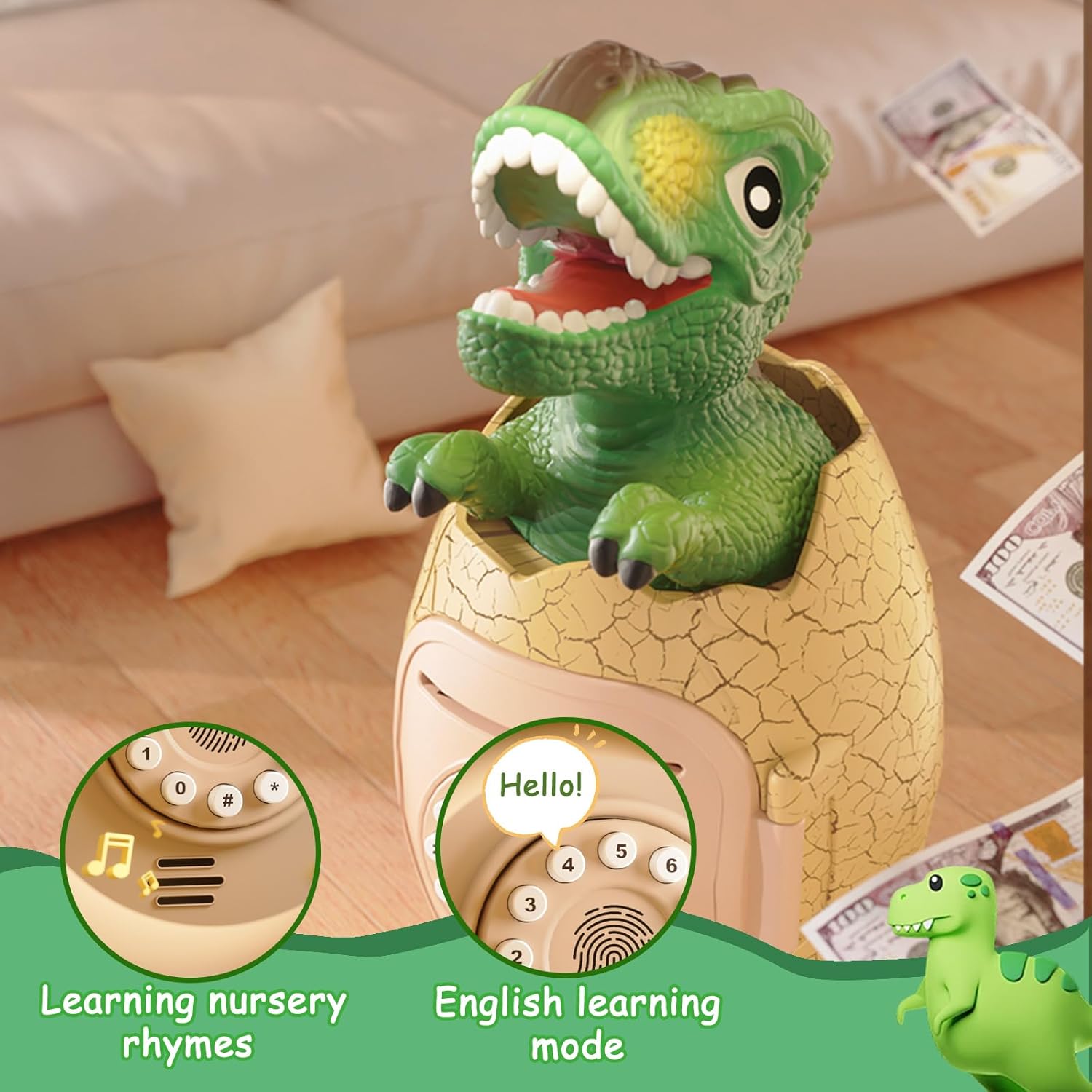 Electronic Piggy Bank Dino Egg Early Education Toys with Fingerprint unlock For Kids