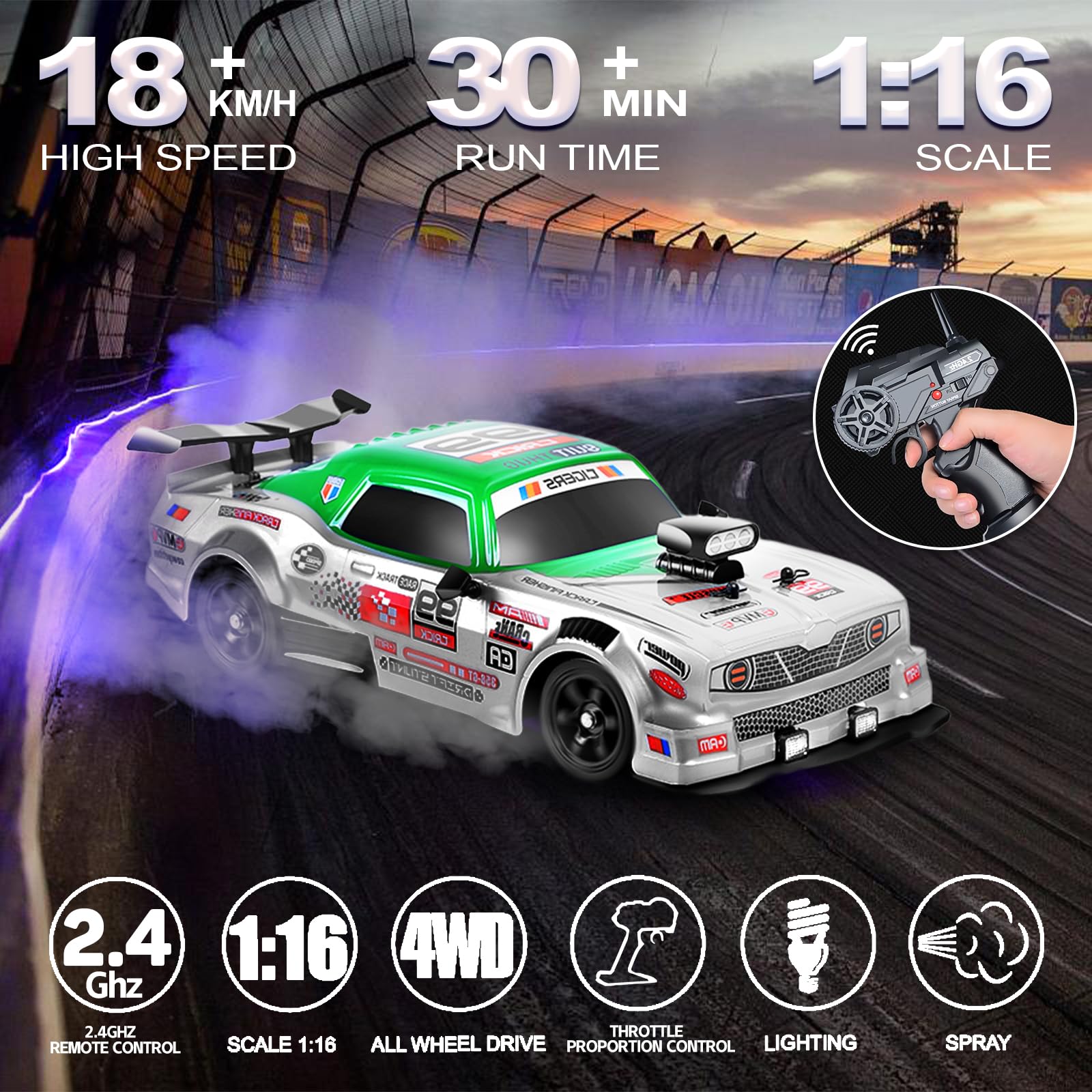 1/16 RC Drift Car 18KM/H Fast Remote Control Cars Spray Car with Led Light Sound For Kids