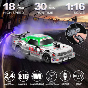 1/16 RC Drift Car 18KM/H Fast Remote Control Cars Spray Car with Led Light Sound For Kids